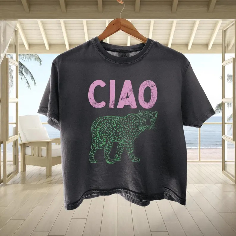 Ciao Leopard Boxy Tee - Euro Preppy Pink & Green Graphic Tshirt - Etsy | Etsy (Global)