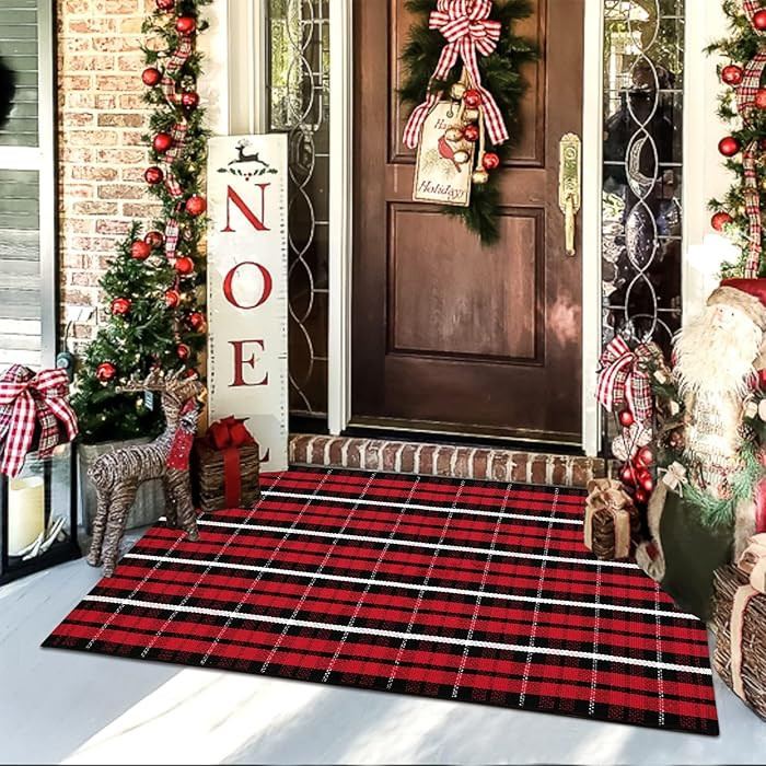 Christmas Front Door Mat Outdoor 2'X4.3', Red Buffalo Plaid Porch Rug Machine Washable Kitchen Ru... | Amazon (US)