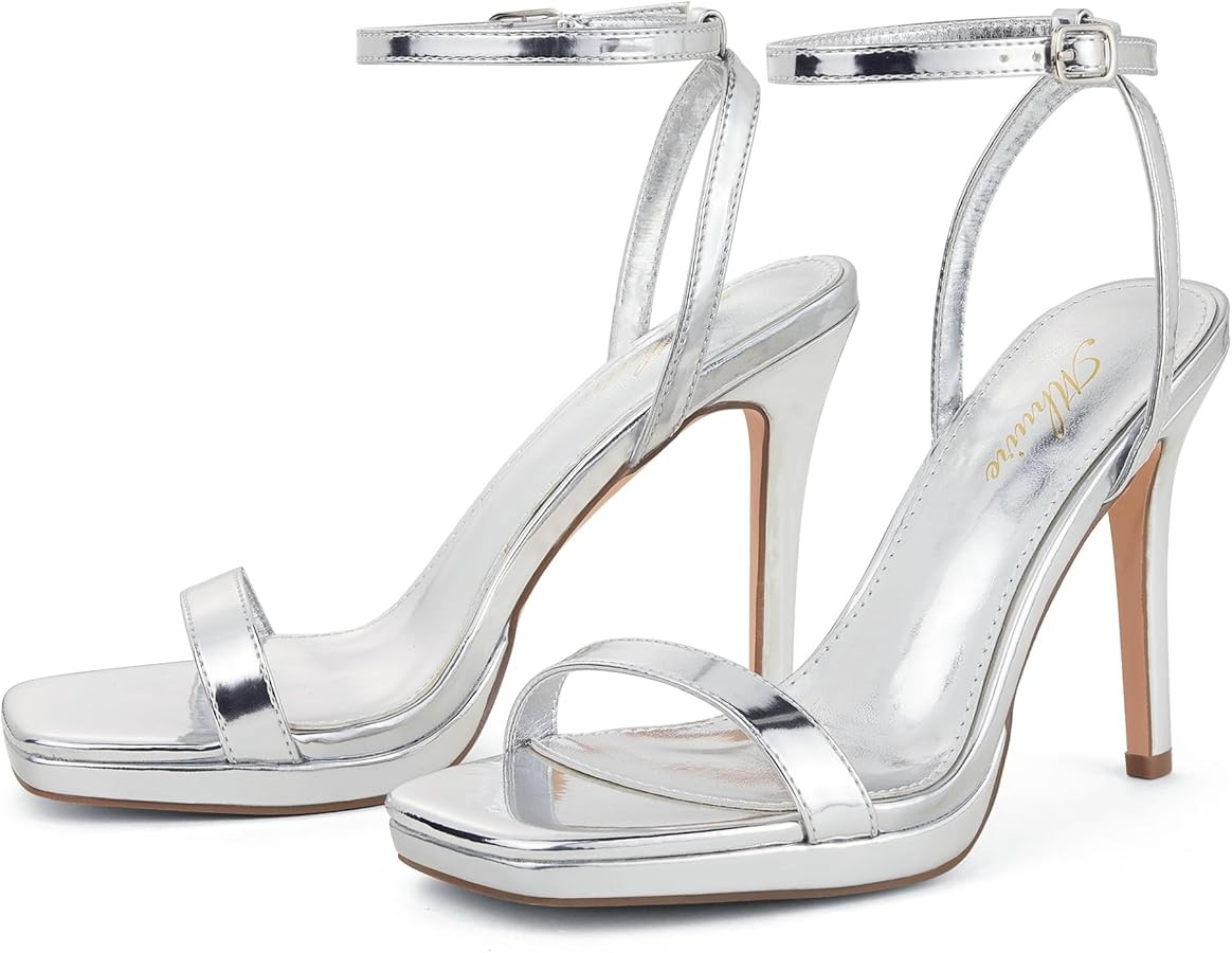 Women’s Stiletto Strappy Heeled Sandals, 4.3 Inch Square Open Toe Sexy High Heels Ankle Strap B... | Amazon (US)