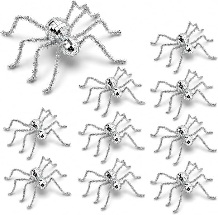 10 Pcs 6" x 4" Halloween Disco Spider, Glitter Mirror Spiders Table Decor | Amazon (US)