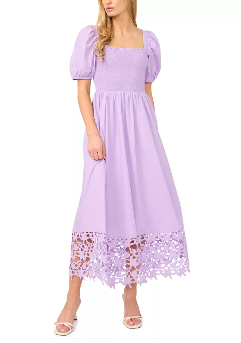 Women's Short Sleeve Smock Eyelet Midi Dress | Belk