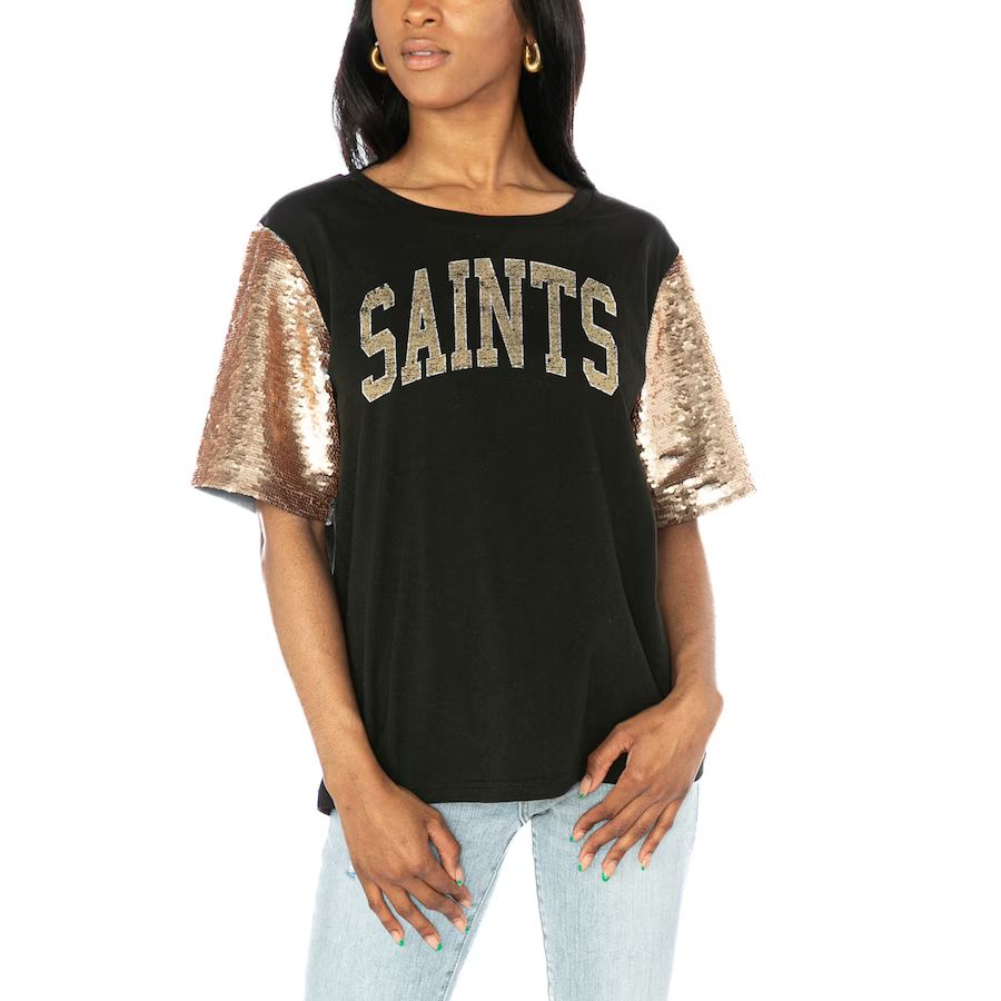 New Orleans Saints Gameday Couture Women's Glamazon Flip Sequin Sleeve T-Shirt - Black | Fanatics