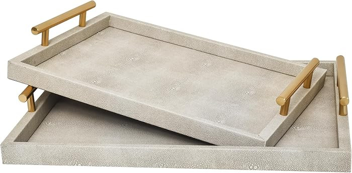 Modern Decorative Tray Set of 2 Ivory Shagreen Leather and Wood Serving Tray with Gold Polished M... | Amazon (US)