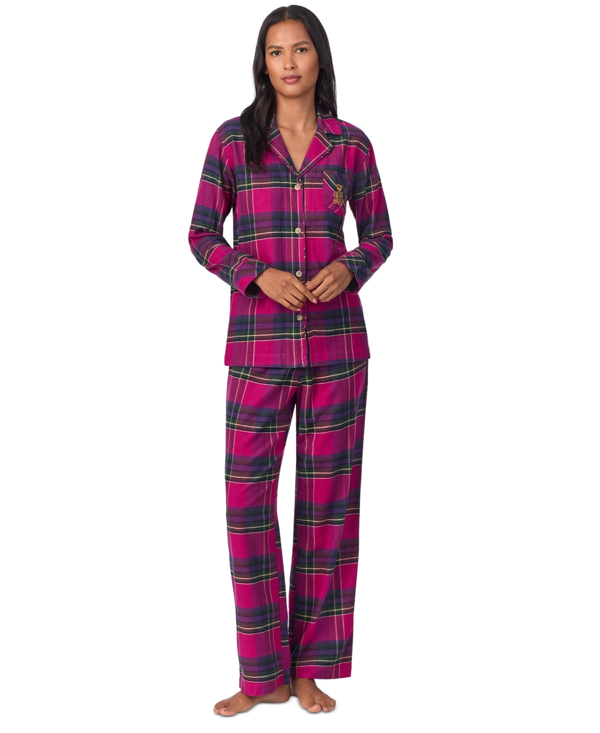 Lauren Ralph Lauren Women's Plaid Notched-Collar Pajama Set - Dark Pink Print | Macy's