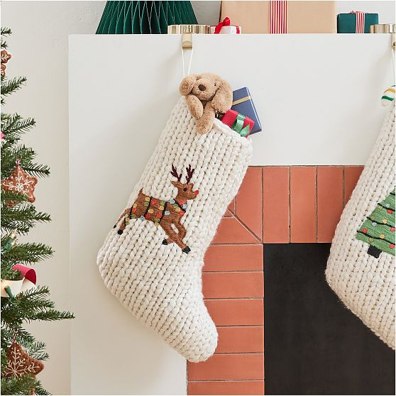 Reindeer Chunky Knit Stocking, 11.5x18, Multi | West Elm (US)