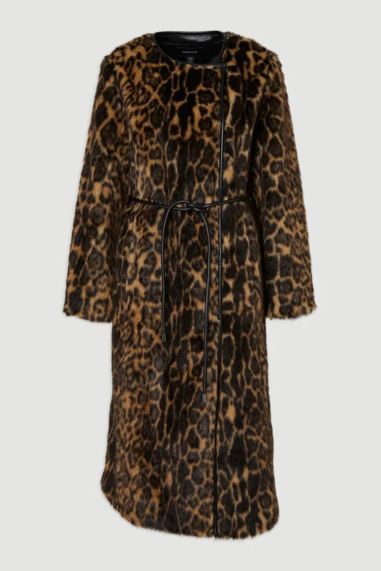 Faux Fur Leopard Collarless Tie Belted Midi Coat | Karen Millen US