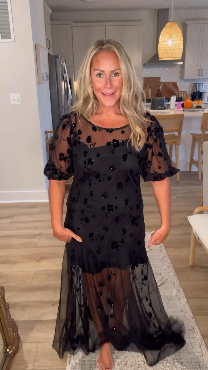 Midsize-approved midi dress! This stunning black mesh midi dress from Free People is flying off the shelves! I’m wearing a size large in this sheer classic fit dress. Available in two colors - black and lavender. This dress is very flattering! Opt for a black slip underneath for a classic look, or switch it up with a different color for an edgier vibe. Style with a sleek strappy stiletto or a bold black boot. Consider adding a pop of color with a bright red clutch for the perfect holiday touch!

#midsize #appleshape #holidaypartyoutfits #mididress #size10 
#WhenYouWearFP #freepeople

#LTKmidsize #LTKsalealert #LTKHoliday