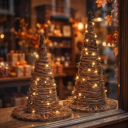 QLUEWX 2PCS Halloween Rattan Witch Hat with String Lights, Wicker Wizard Hat for Indoor Outdoor Halloween Party Bedroom Garden Patio Backyard Decor, Battery Operated Remote Control | Walmart (US)