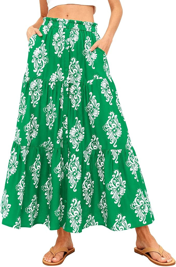 BTFBM Long Skirts for Women Summer 2026 Elastic High Waist Flowy A Line Casual Boho Tiered Floral... | Amazon (US)
