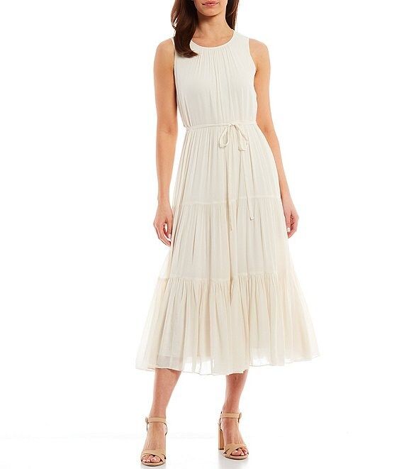 Tiered Sleeveless Jewel Neck A-Line Midi Dress | Dillards