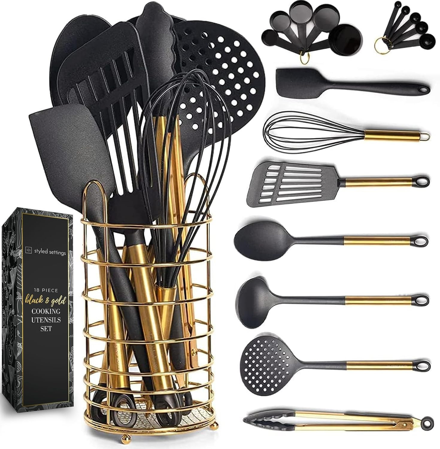 Black and Gold Kitchen Utensils Set with Stainless Steel Holder – 18-Piece Nylon Cooking Utensils with Measuring Cups and Spoons – Stylish Gold Kitchen Accessories for Baking and Cooking | Amazon (US)