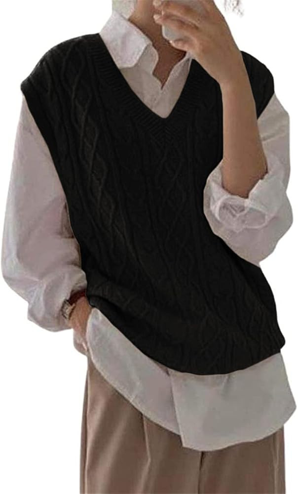 Women's V Neck Sweater Vest Oversized Sleeveless Loose Knit Tops Cable Sleeveless Sweater | Amazon (US)