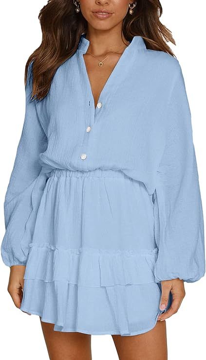 Women's Layer Ruffle Button Front V Neck Elastic Waist Long Sleeve Mini Dress | Amazon (US)