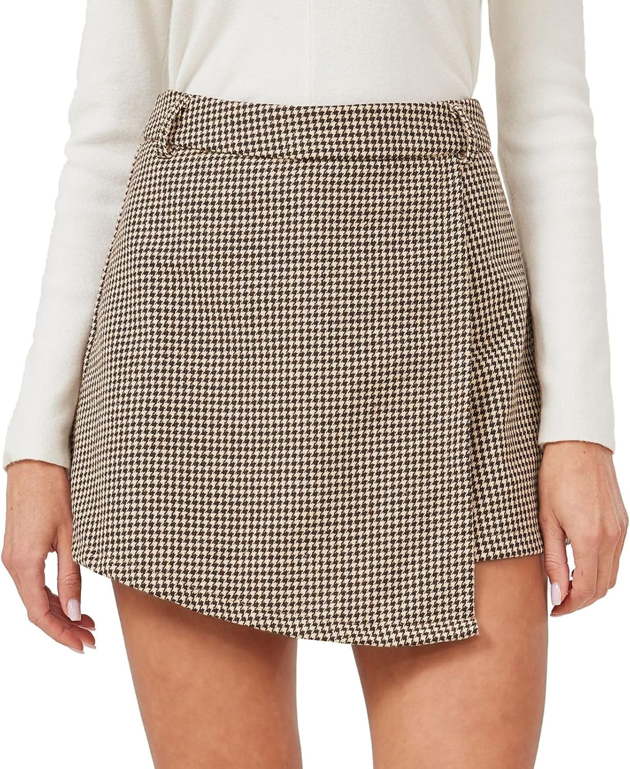XinYangNi Women's Casual High Waisted Asymmetrical Hem A-line Plaid Faux Leather Dressy Wrap Skort Shorts | Amazon (US)