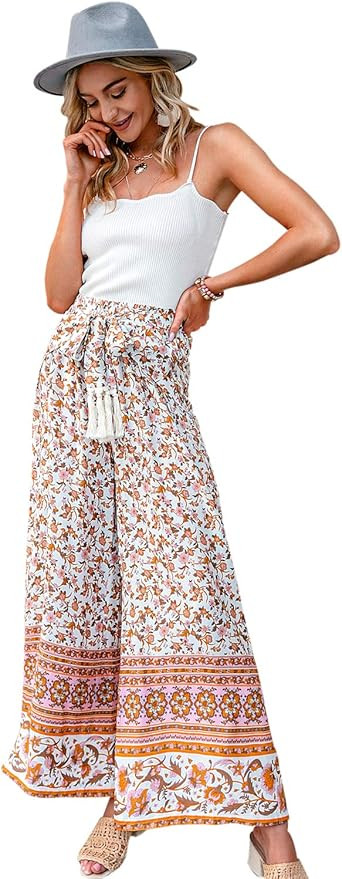 GRACEVINES Women’s Summer Boho Floral Wide Leg Pants Elastic High Waist Loose Casual Beach Pala... | Amazon (US)