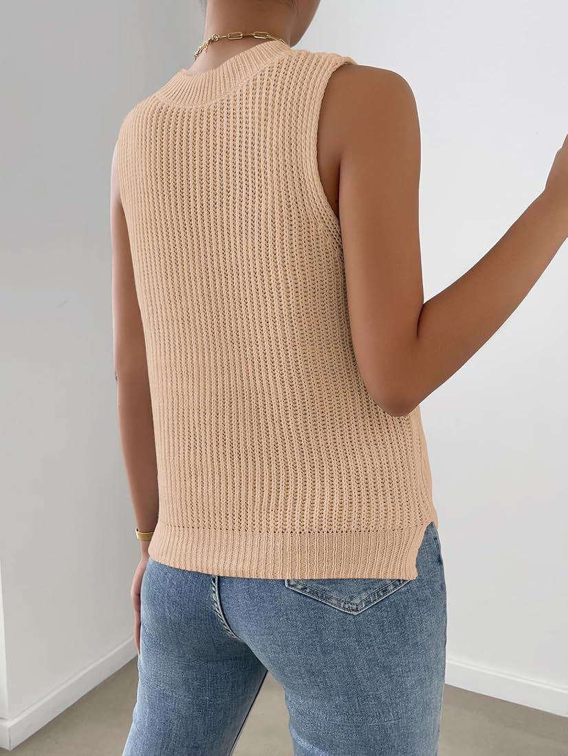 Women's Slit Hem Sleeveless Round Neck Knitted Sweater Vest Tank Top | Amazon (US)