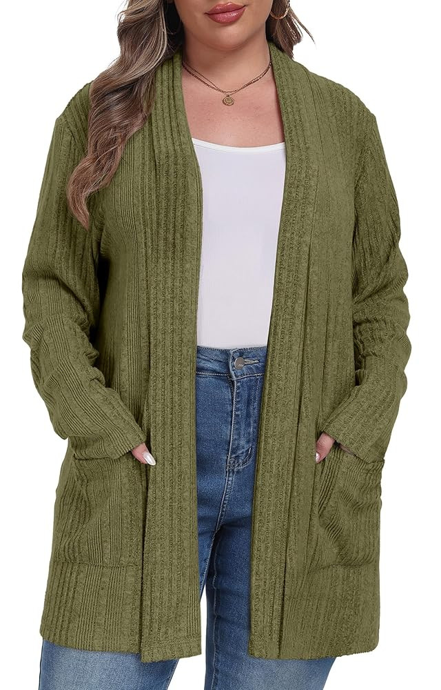 OLRIK Womens Plus Size Cardigan Open Front Easy to Wear Casual Knit Sweaters with Pockets Loose O... | Amazon (US)