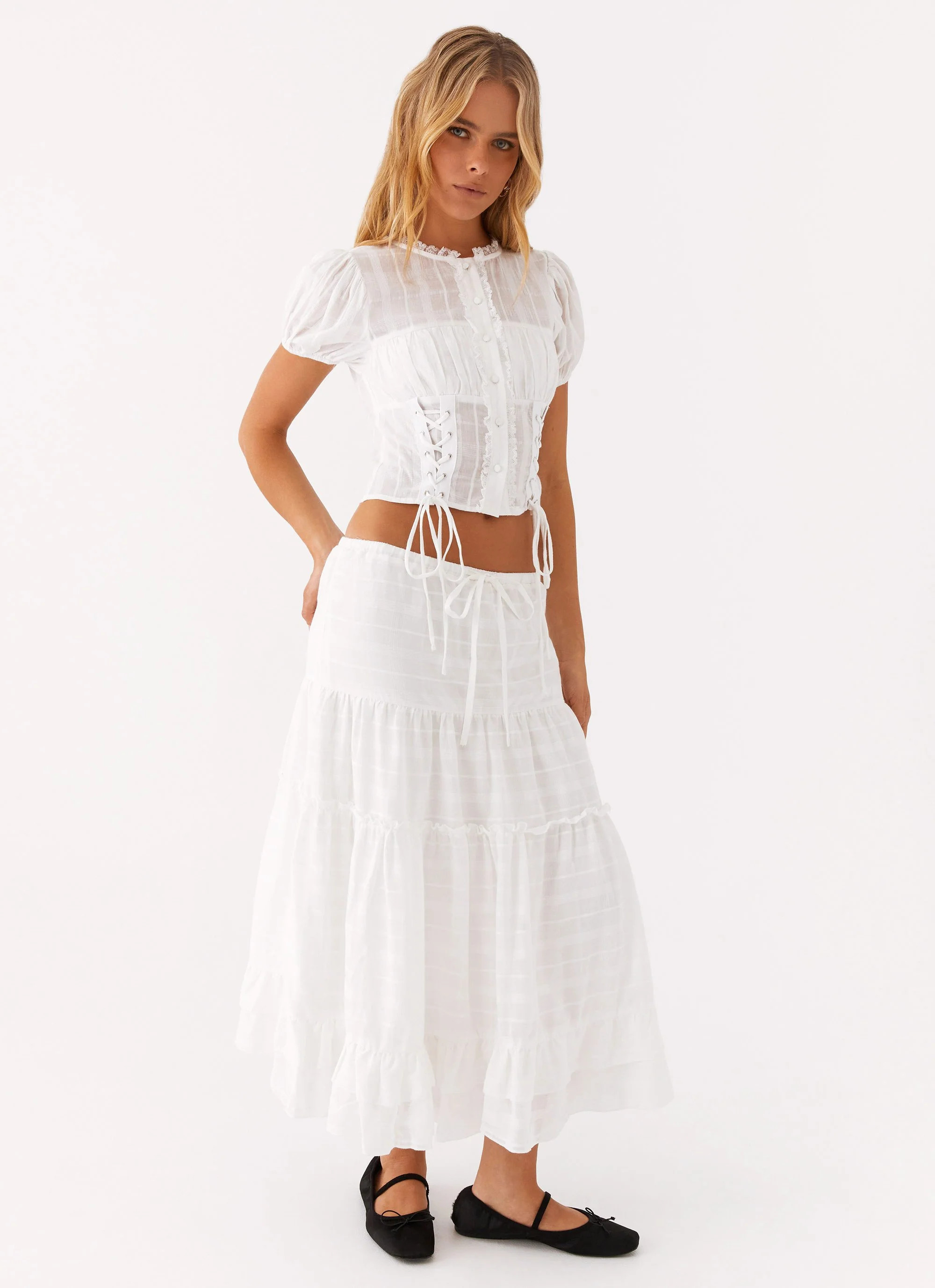 Beatrix Frill Midi Skirt - White | Peppermayo (Global)