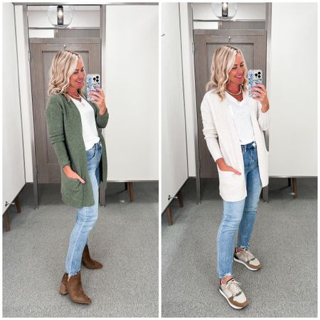 Long cardigans are a fall closet staple, and this soft & stretchy style is under $50! Pair it with boots, mules or sneakers. 

Runs large, wearing an xs  