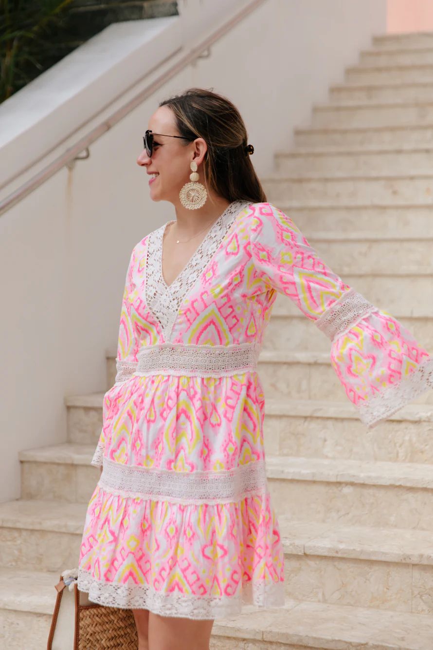 Pink Ikat Print Bell Sleeve Dress with Lace | Sail to Sable
