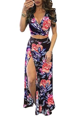 VOIKERDR Dresses for Women Casual Summer Sexy Deep V Split Flower Print Maxi Dresses for Women at Am | Amazon (US)
