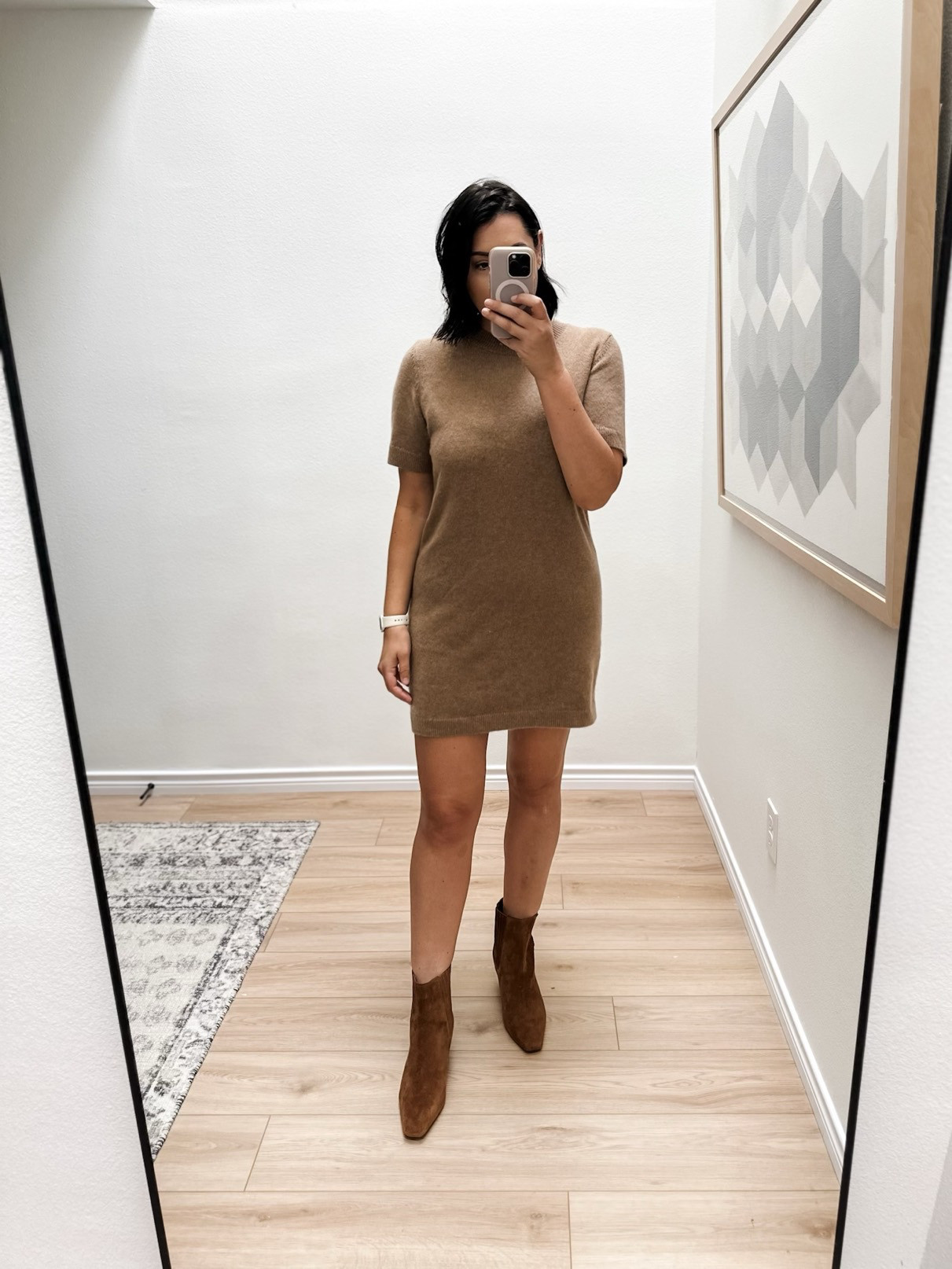 I’ve shared this dress before and it’s a favorite! I’m in the large, I size up for length and so it won’t cling to my mid-section. If you’ve got curves, go up one size in my opinion. 

This dress comes in a few colors, but I’d suggest black or the browns. The grey can fall flat for this dress, in my experience.  

I'm in the 10 of the boots. 

 