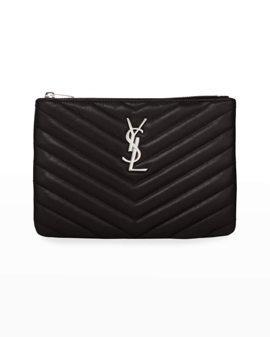 Monogram YSL Small Chevron Quilted Zip-Top Pouch Bag - Silver Hardware | Neiman Marcus