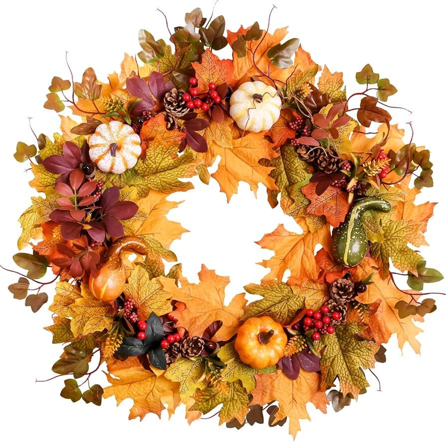 TechKen Fall Wreath, 24inches Pumpkin Fall Door Wreath Autumn Wreath Grapevine Wreath for Front D... | Amazon (US)