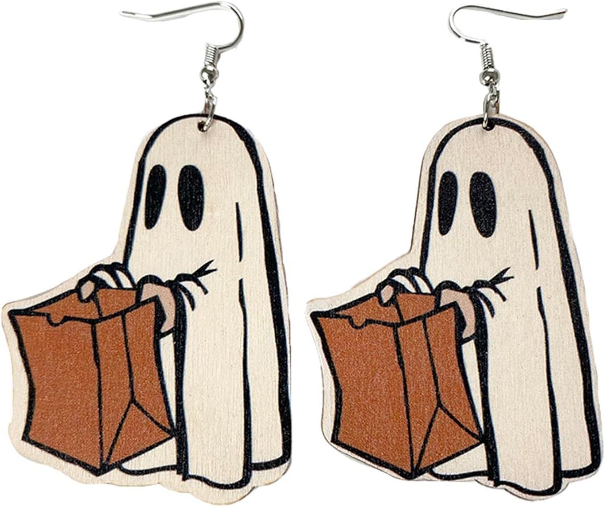 Halloween Cute Ghost Pumpkin Wooden Resin Acrylic Dangle Earrings Cartoon Ghost Print Halloween W... | Amazon (US)