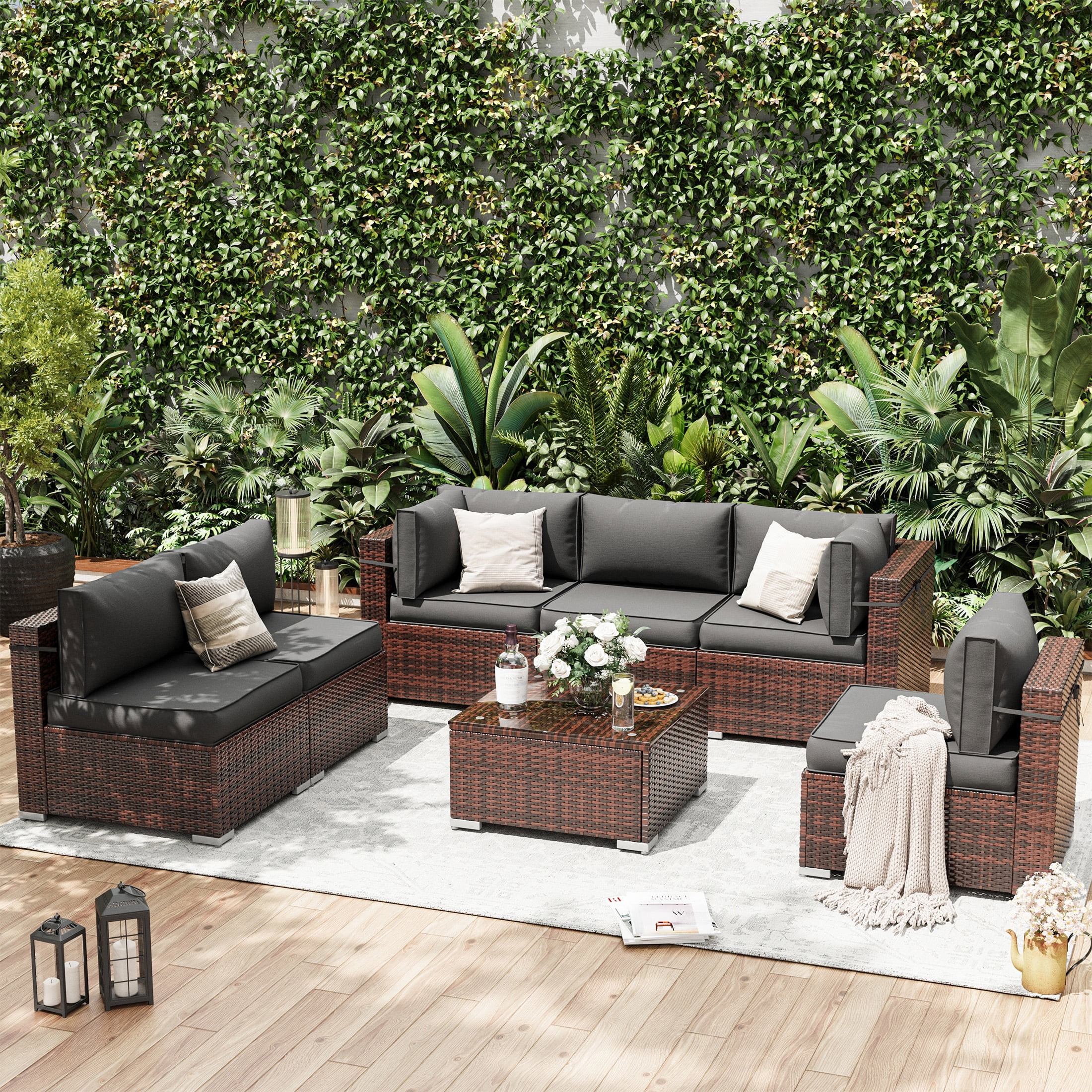 Techmilly 7 Pieces Patio Sectional Sofa PE Rattan Wicker Conversation Sets with Cushions and Glas... | Walmart (US)
