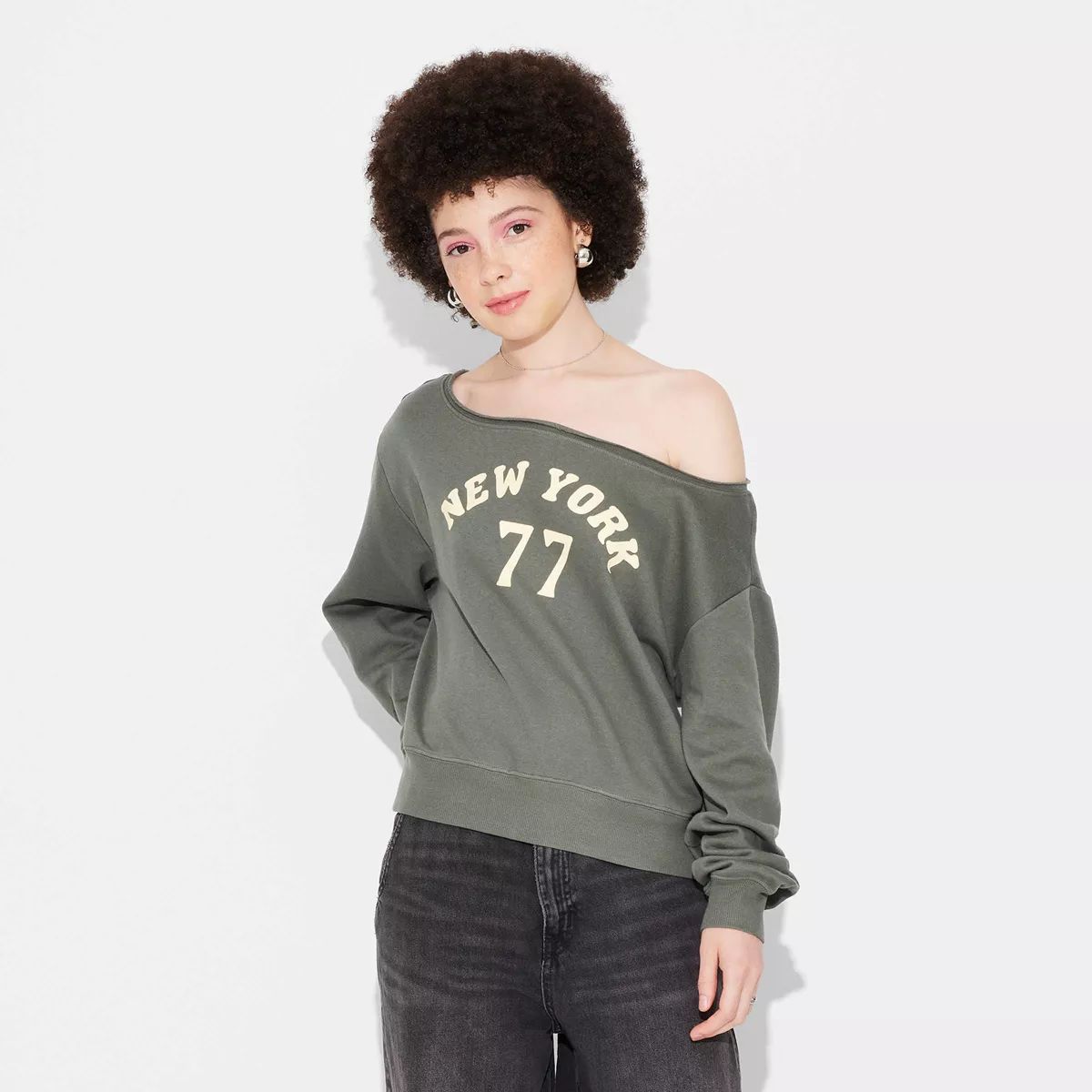 Women's Off the Shoulder NYC Graphic Sweatshirt - Olive Green | Target