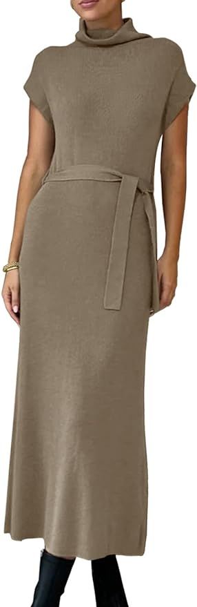 Imily Bela Womens Turtleneck Cap Sleeve Sweater Dress Ribbed Knit Side Slit Tie Waist Trendy Maxi... | Amazon (US)
