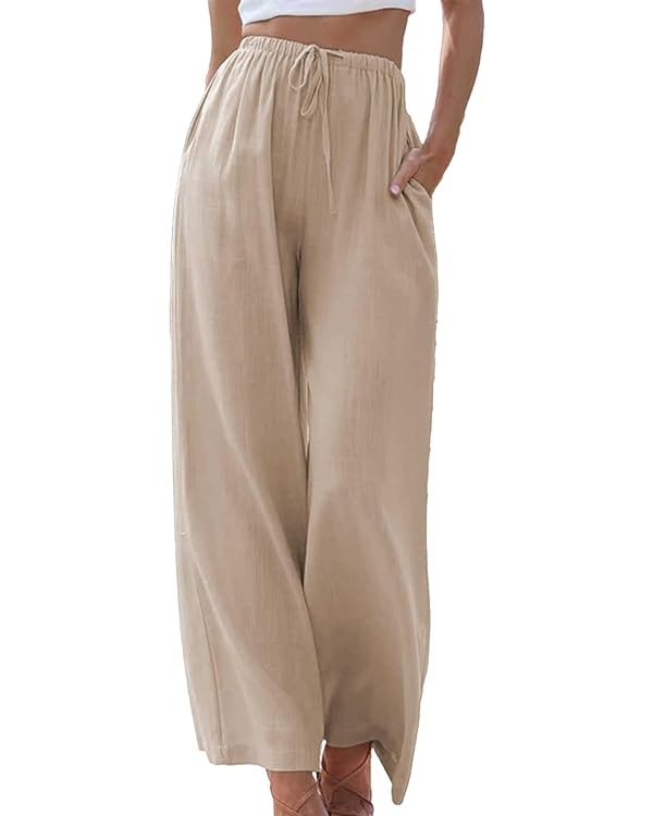 Duyang Womens Cotton Linen Palazzo Pants Drawstring Elastic Waist Casual Wide Leg Trousers with P... | Amazon (US)