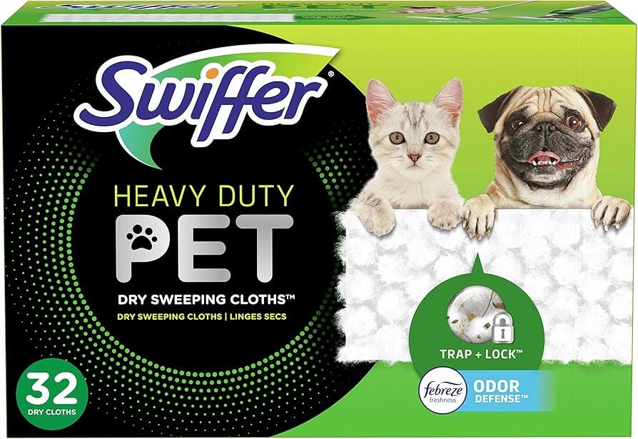 Swiffer Sweeper Pet, Heavy Duty Dry Sweeping Cloth Refills with Febreze Odor Defense, 32 Count | Amazon (US)