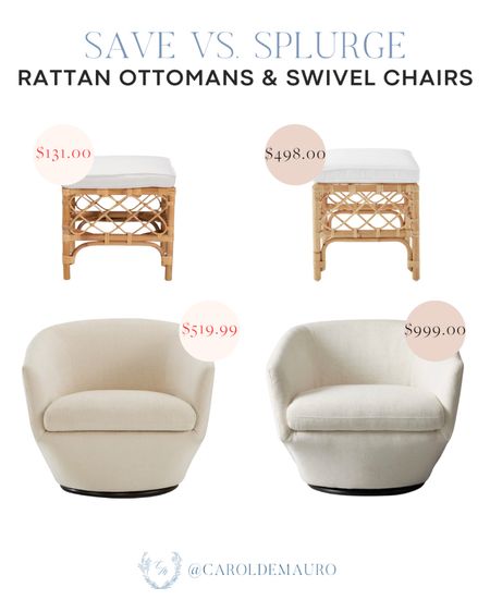 Save vs splurge! Get an affordable alternative to these viral white swivel chairs and rattan ottomans!
#springrefresh #lookforless #savevssplurge #homefurniture

#LTKStyleTip #LTKHome #LTKSeasonal