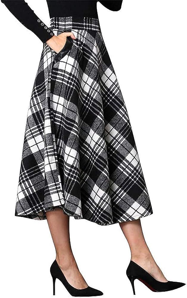 IDEALSANXUN Womens High Elastic Waist Maxi Skirt A-line Plaid Winter Warm Flare Long Skirts | Amazon (US)