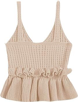 SweatyRocks Women's Casual Knit Top Sleeveless Ruffle Hem V Neck Peplum Crop Tank Top | Amazon (US)