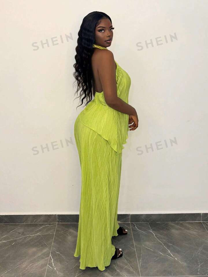 SHEIN Slayr Elegant High Collar Sleeveless Slant Hem Top Wide Leg Trousers Green Pleated Satin Wo... | SHEIN