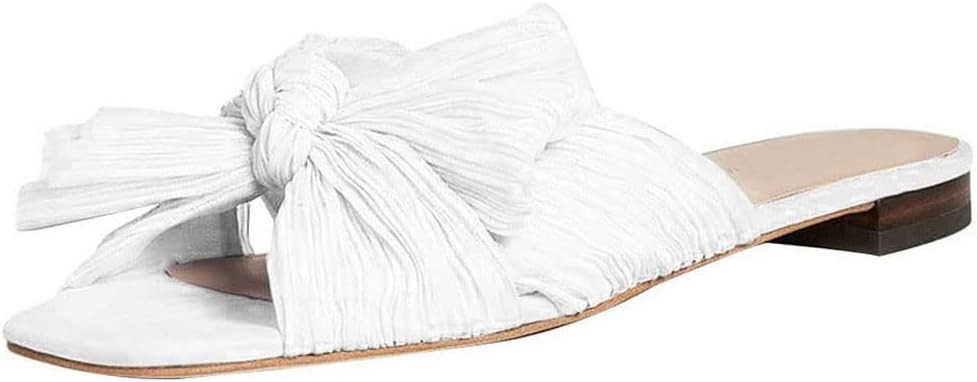 RIBETRINI Flat Sandals For Women,Wedding Pleated Bow Knot Slip-on Open Peep Toe Slide Sandals Com... | Amazon (US)