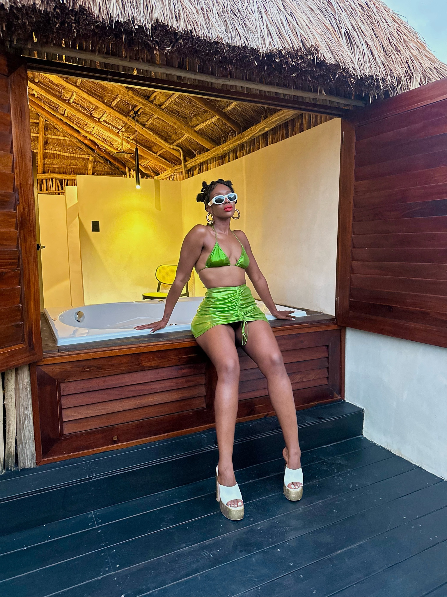 The perfect metallic green swimsuit and white chunky heels 🫶🏾

#LTKsalealert #LTKstyletip #LTKswim