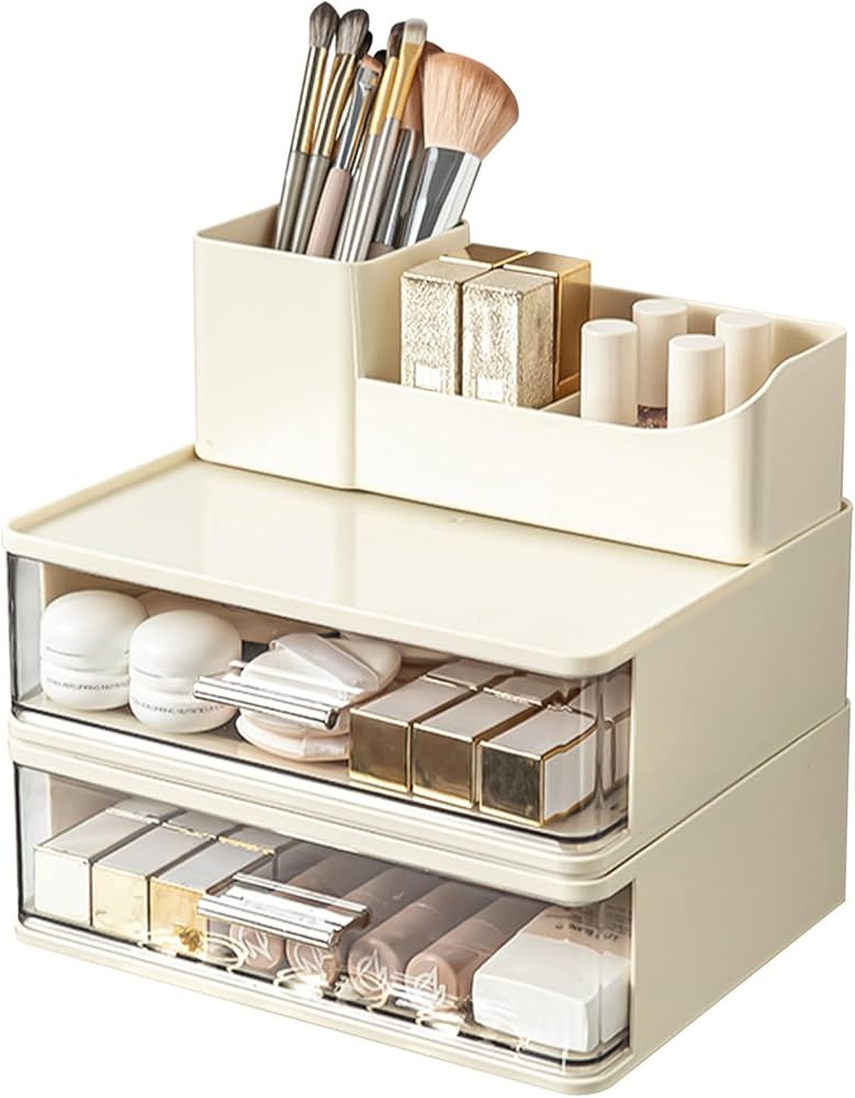 DASITON Makeup Organizer for Vanity with 2 Drawers, Stackable Cosmetic Organizer with Makeup Brus... | Amazon (US)