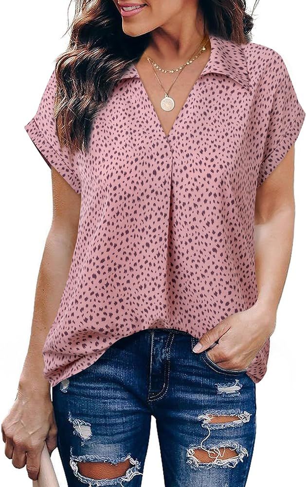 Gaharu Women's Summer Work Blouse V Neck Short Sleeve Lapel Shirt Top Tunic | Amazon (US)