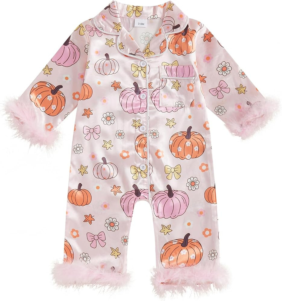 Baby Girl Silk Pajamas Bow Print Feather Trim Sleeve Button Down Romper Overall Jumpsuit Newborn ... | Amazon (US)