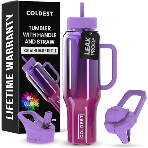 Coldest 40 oz Tumbler with Handle and Straw - 100% Spill Proof Tumbler with Straw (3 Lids) - Stainless Steel Insulated Leakproof Tumblers for Women & Men - Cup Holder Friendly - 46 oz (Candy Nova) | Amazon (US)