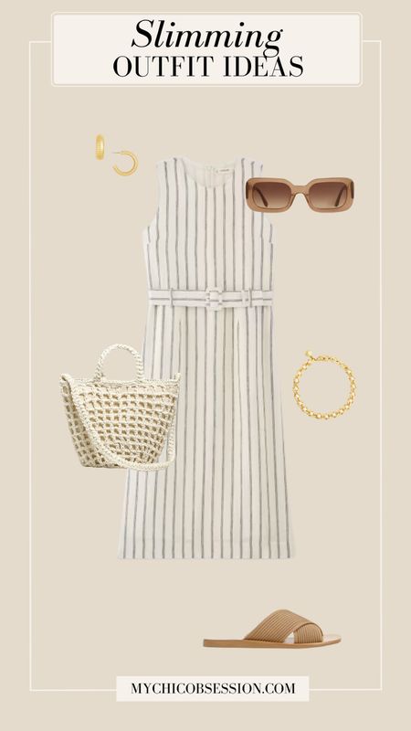 A belted dress with vertical stripes is perfect for a slimming summer outfit. Accessorize with a crochet handbag, rectangular sunglasses, gold jewelry, and woven sandals. 

#LTKStyleTip #LTKSeasonal