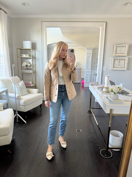Favorite spring OOTD! Burberry jacket over a Spanx AirEssentials top paired with Madewell jeans and these adorable flats from Amazon! Wearing size small in the top and 27 in the jeans. LTKOOTD // casual outfits // spring outfits // spring jackets // daytime outfits // Spanx fashion // Madewell jeans // Amazon shoes 

#LTKSeasonal #LTKStyleTip #LTKxMadewell