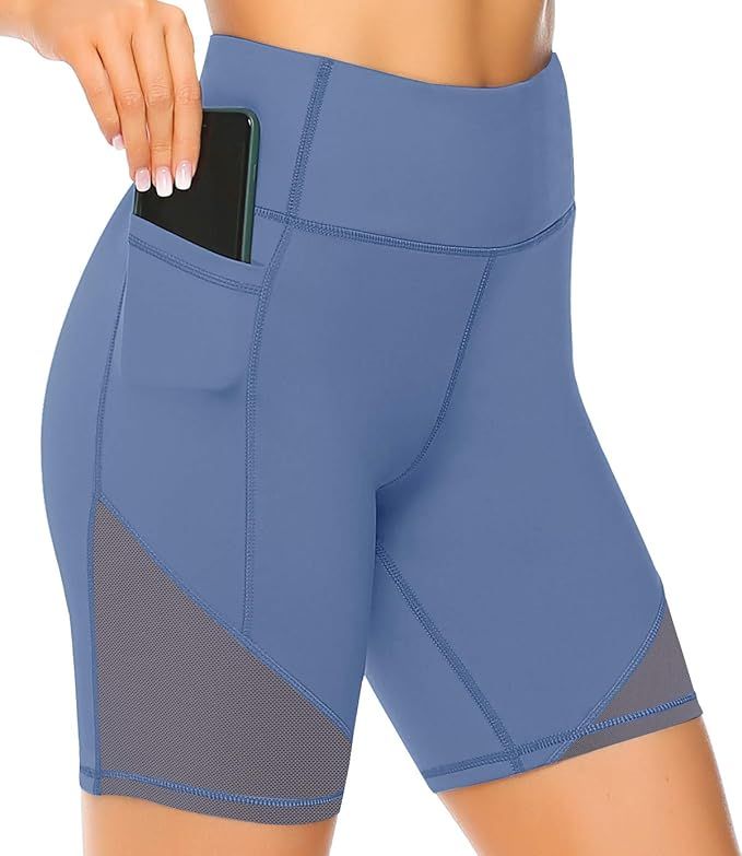 VOEONS Mesh Biker Shorts Women with Pockets High Waist Spandex Workout Shorts Gym Yoga Compress S... | Amazon (US)