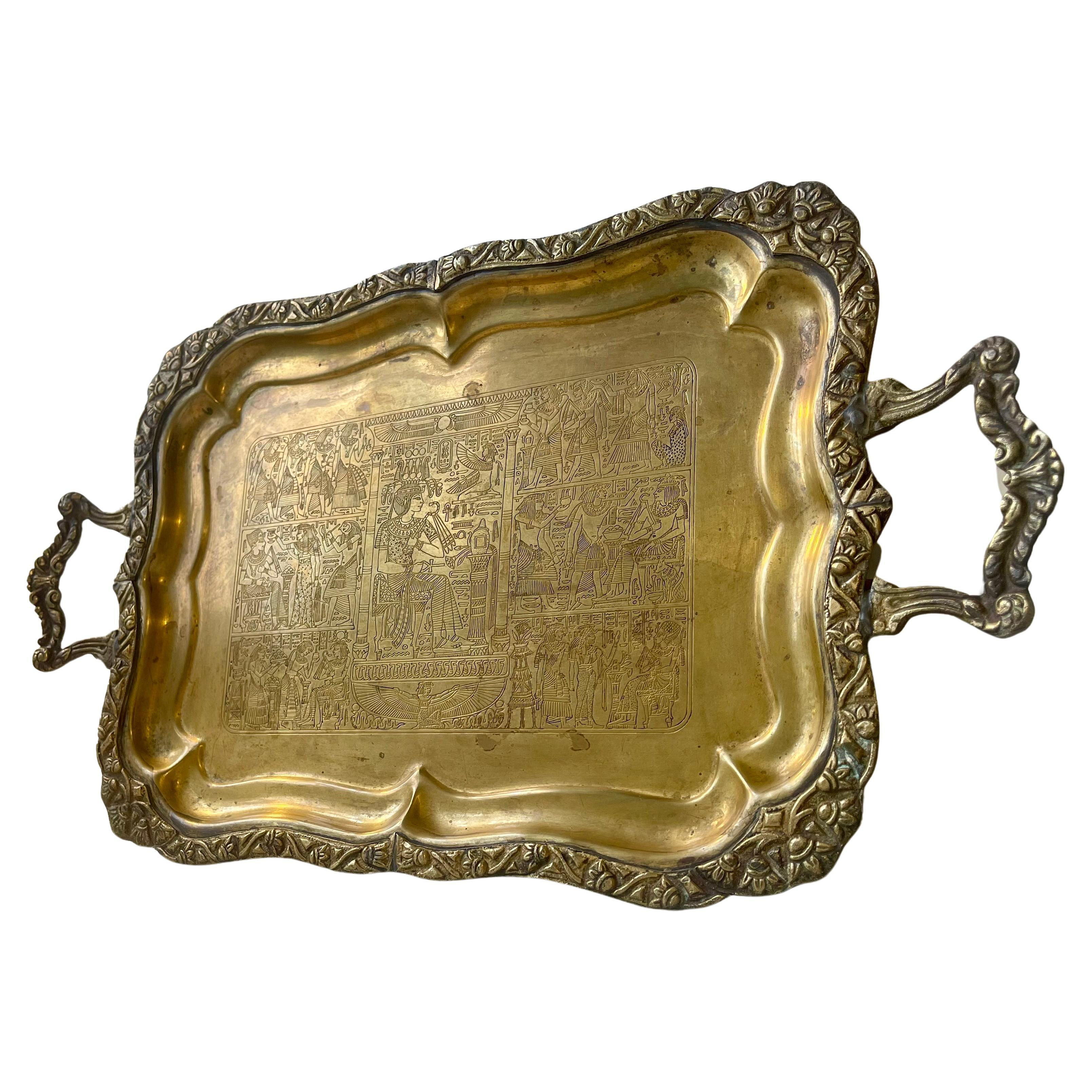 Egyptian Serving Tray in Hand Engraved Brass, 1950s | 1stDibs