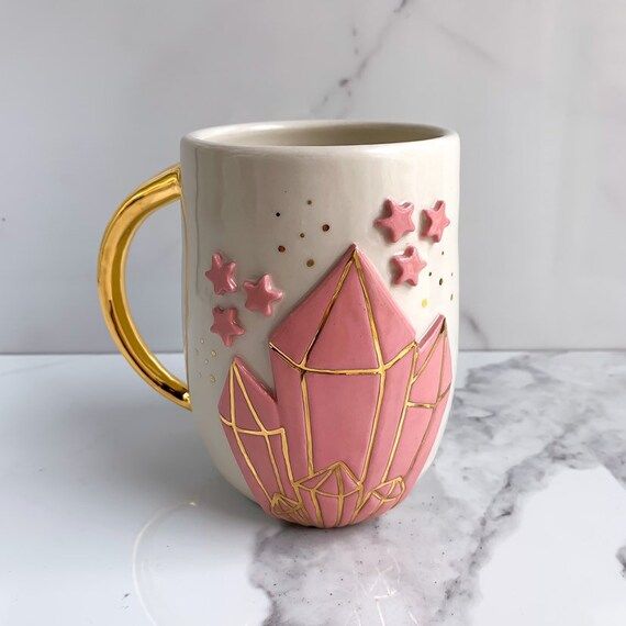 Crystal Mug with Pink Stars and 22k Gold Accents, Modern Mud Mug | Etsy (US)