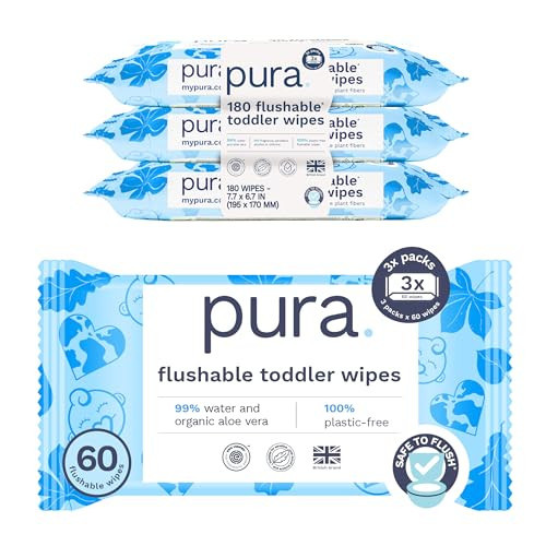 Pura Flushable Toddler Wipes 3 x 60 Wipes (180 Wipes), 100% Plastic Free, 99% Water, Hypoallergenic & Fragrance Free, Totally Chlorine Free, Kids Toilet Wipes, Potty Training | Amazon (US)